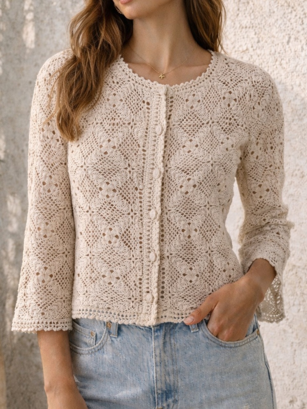 Vintage Hand Crochet Cotton Cardigan Button Front Small